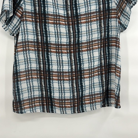 Anthropologie Anthro Maeve Plaid Drapes Slit Open Back Short Slv Blouse medium - Picture 5 of 8